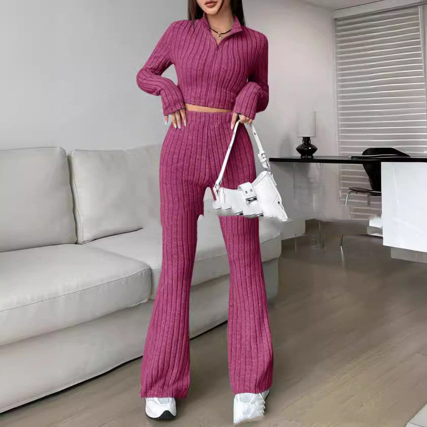 Solid Color Knitted Long Sleeve Turtlenecks Wide Leg High Waist Trousers Suit