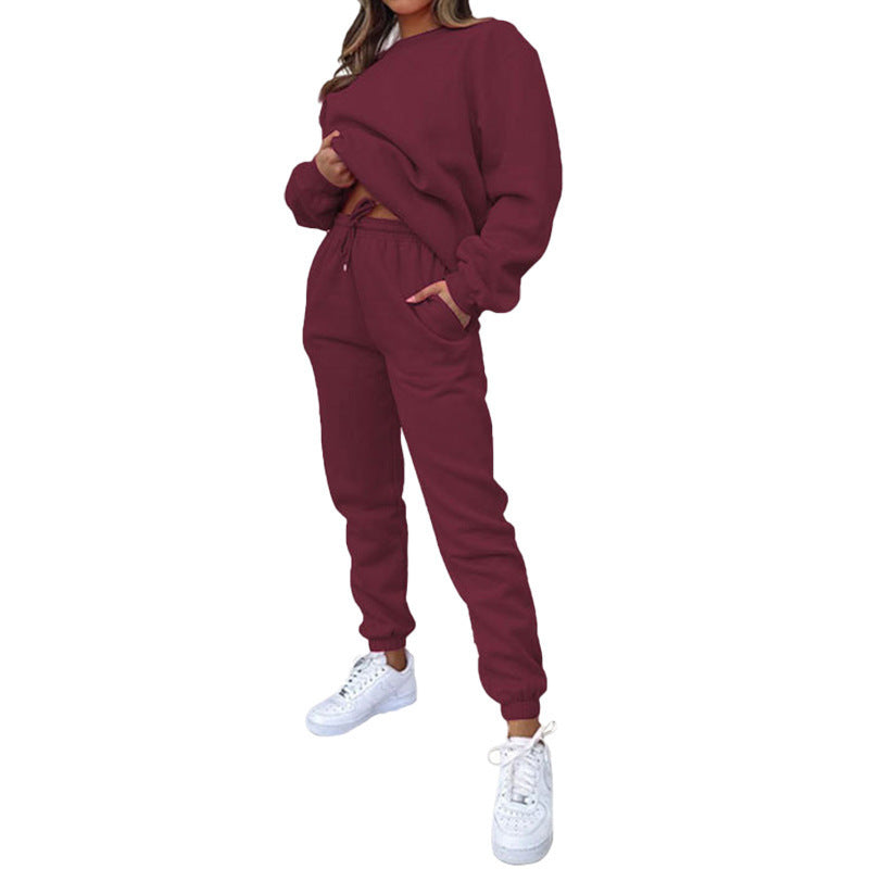 Crew Neck Pullover Sweatshirt Fleece-lined Fashion Casual Sweater Sweatpants Two-piece Set