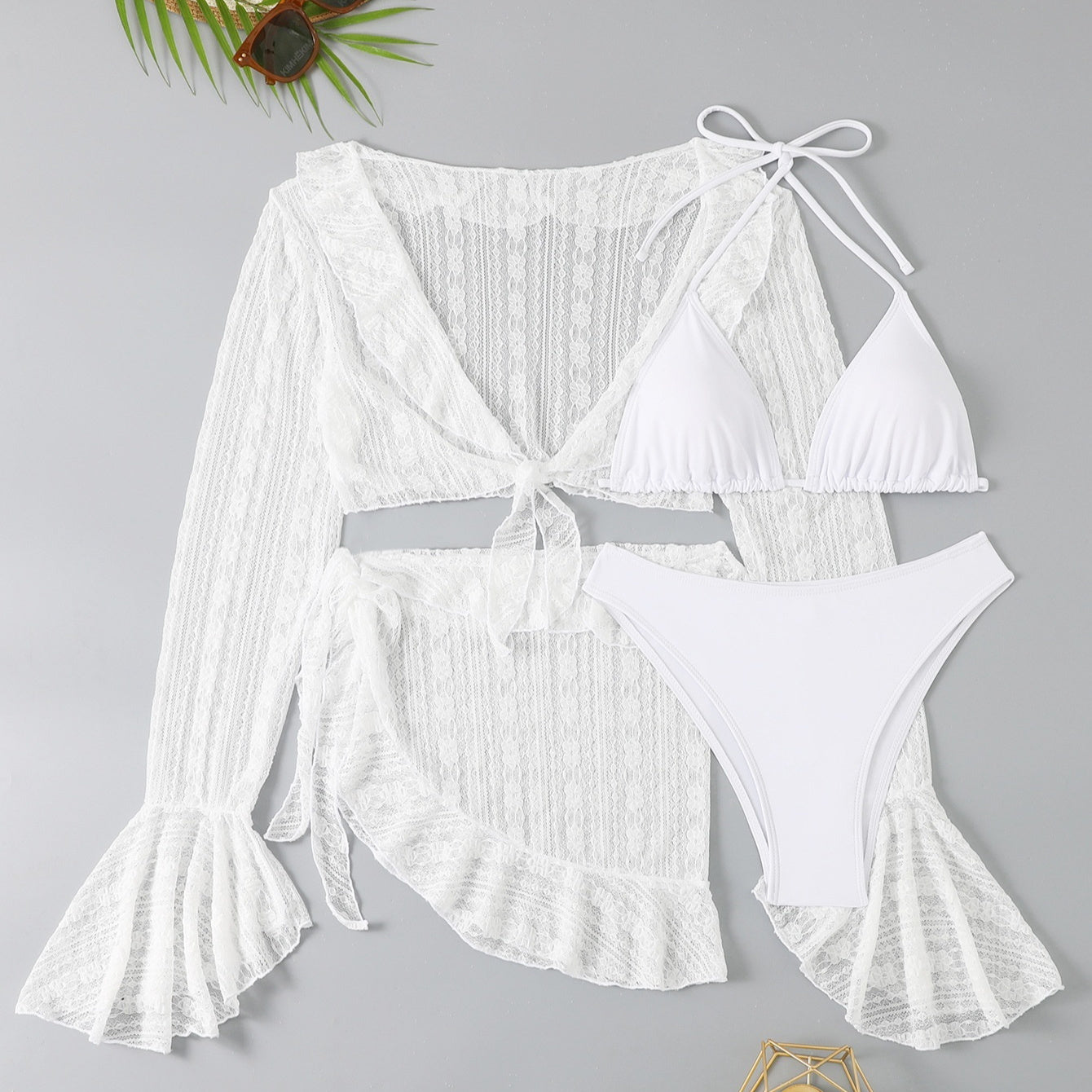 Lace Long Sleeve Cardigan Lace Ruffled Bikini Four-piece Suit Swimsuit