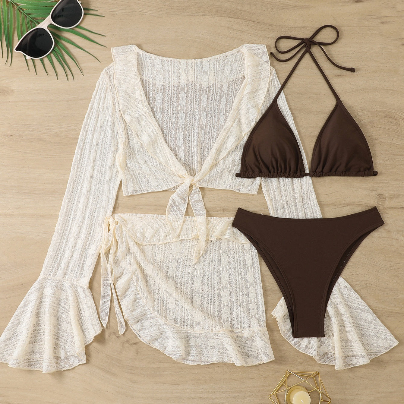 Lace Long Sleeve Cardigan Lace Ruffled Bikini Four-piece Suit Swimsuit