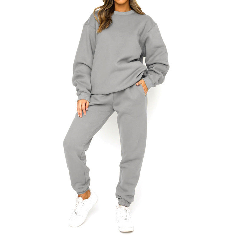 Crew Neck Pullover Sweatshirt Fleece-lined Fashion Casual Sweater Sweatpants Two-piece Set