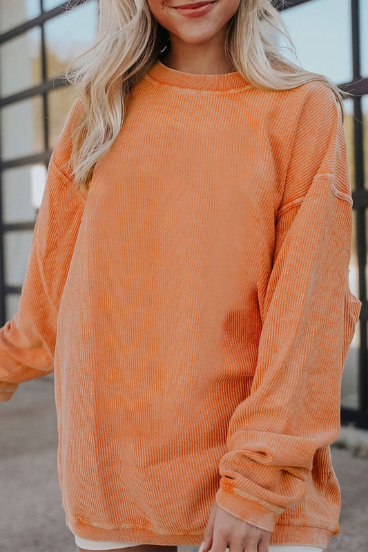 Orange Plain Drop Sleeve Crinkle Rib Oversized Sweatshirt