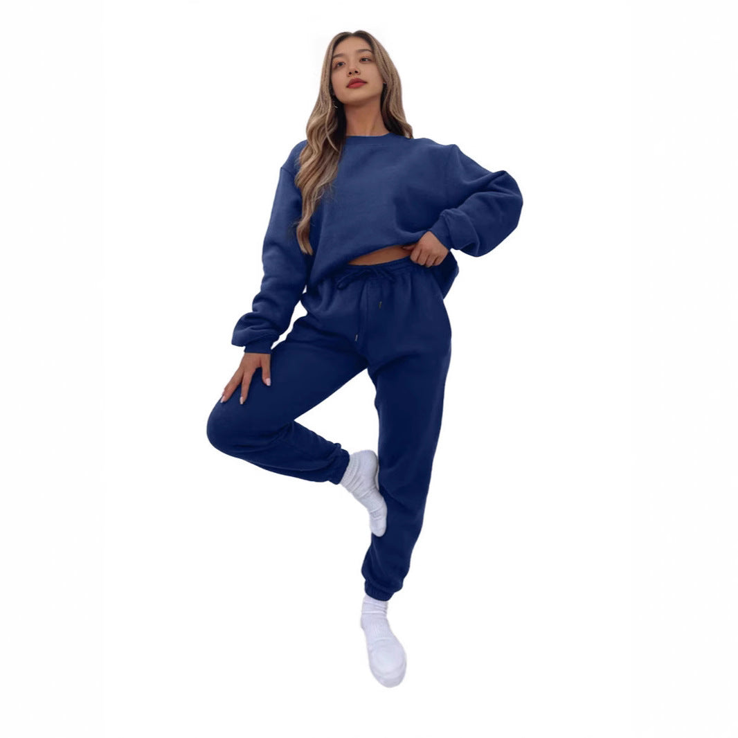 Crew Neck Pullover Sweatshirt Fleece-lined Fashion Casual Sweater Sweatpants Two-piece Set