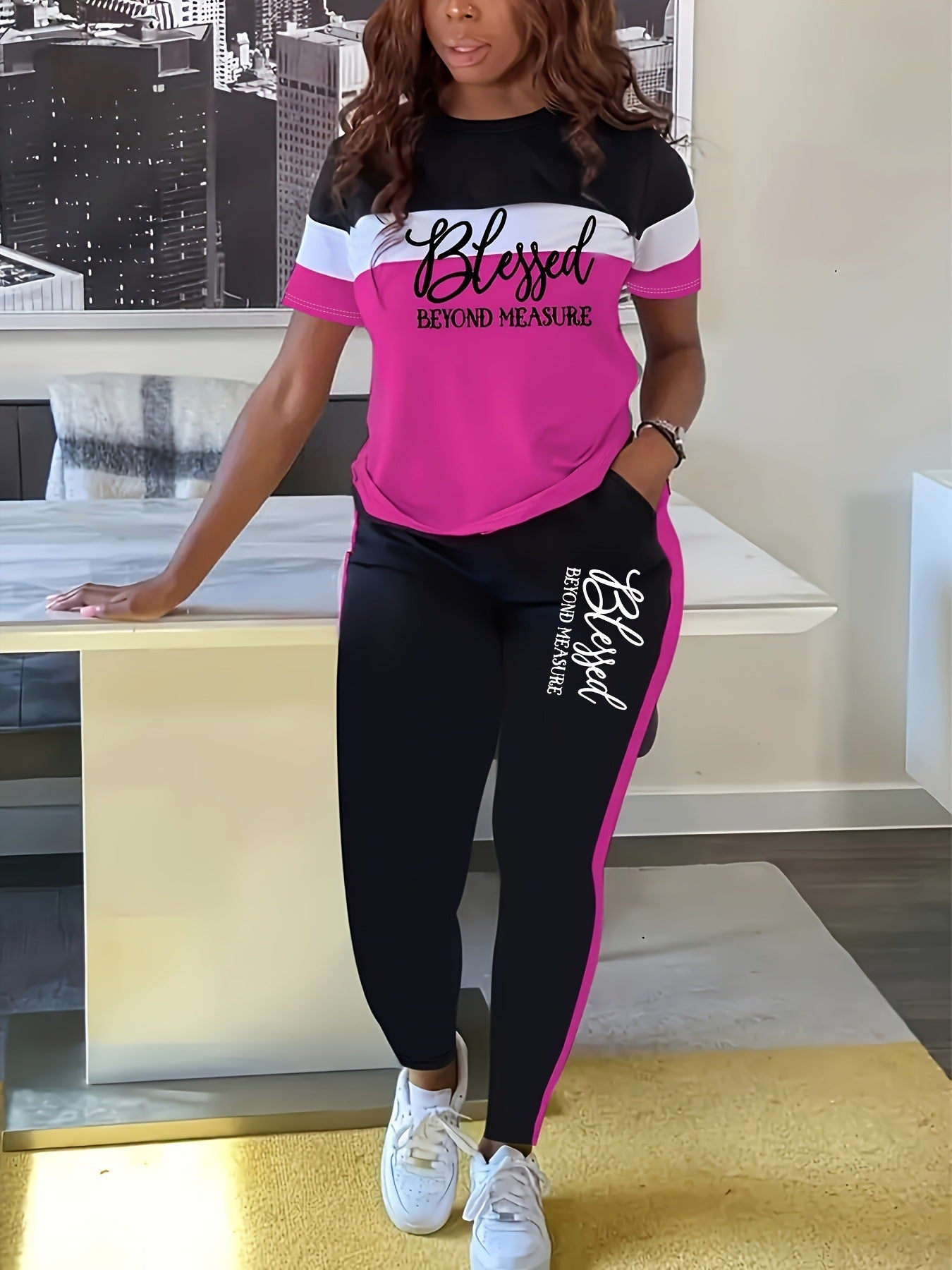 Contrast Color Striped Short Sleeve With Wide Leg Pants Suit