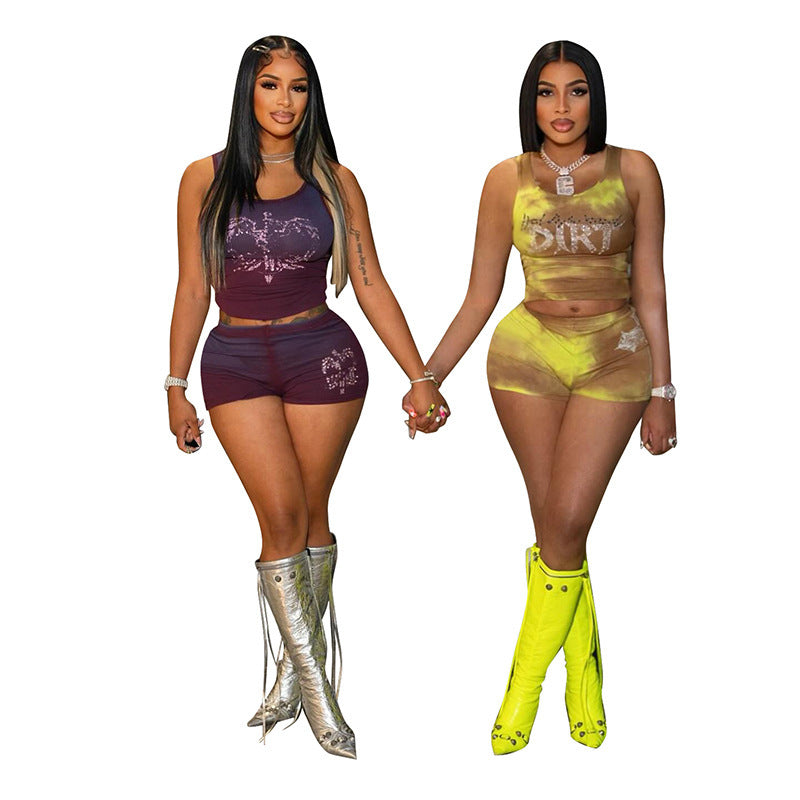 Sexy Hot Girl Mesh Butterfly Print Pleating Sling Vest Shorts Set