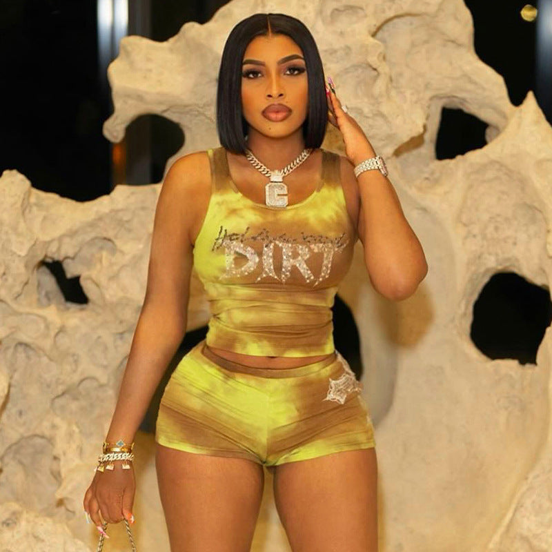 Sexy Hot Girl Mesh Butterfly Print Pleating Sling Vest Shorts Set