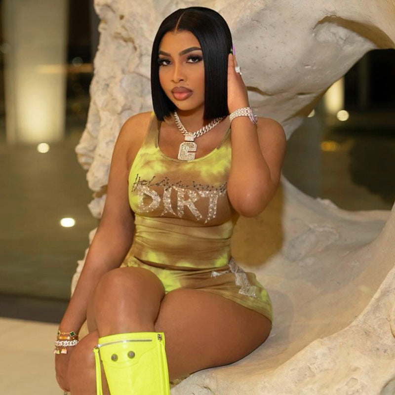 Sexy Hot Girl Mesh Butterfly Print Pleating Sling Vest Shorts Set