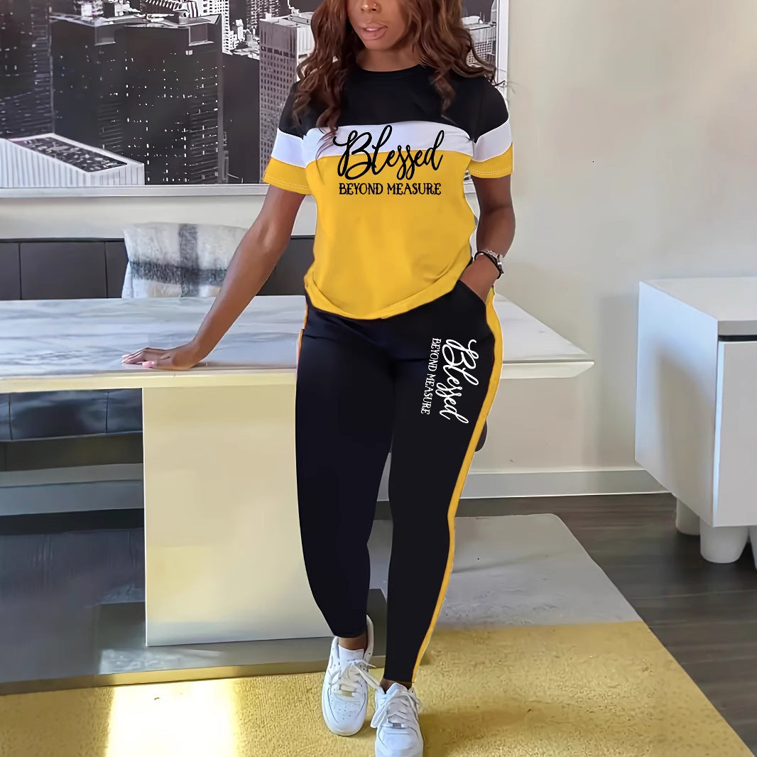 Contrast Color Striped Short Sleeve With Wide Leg Pants Suit