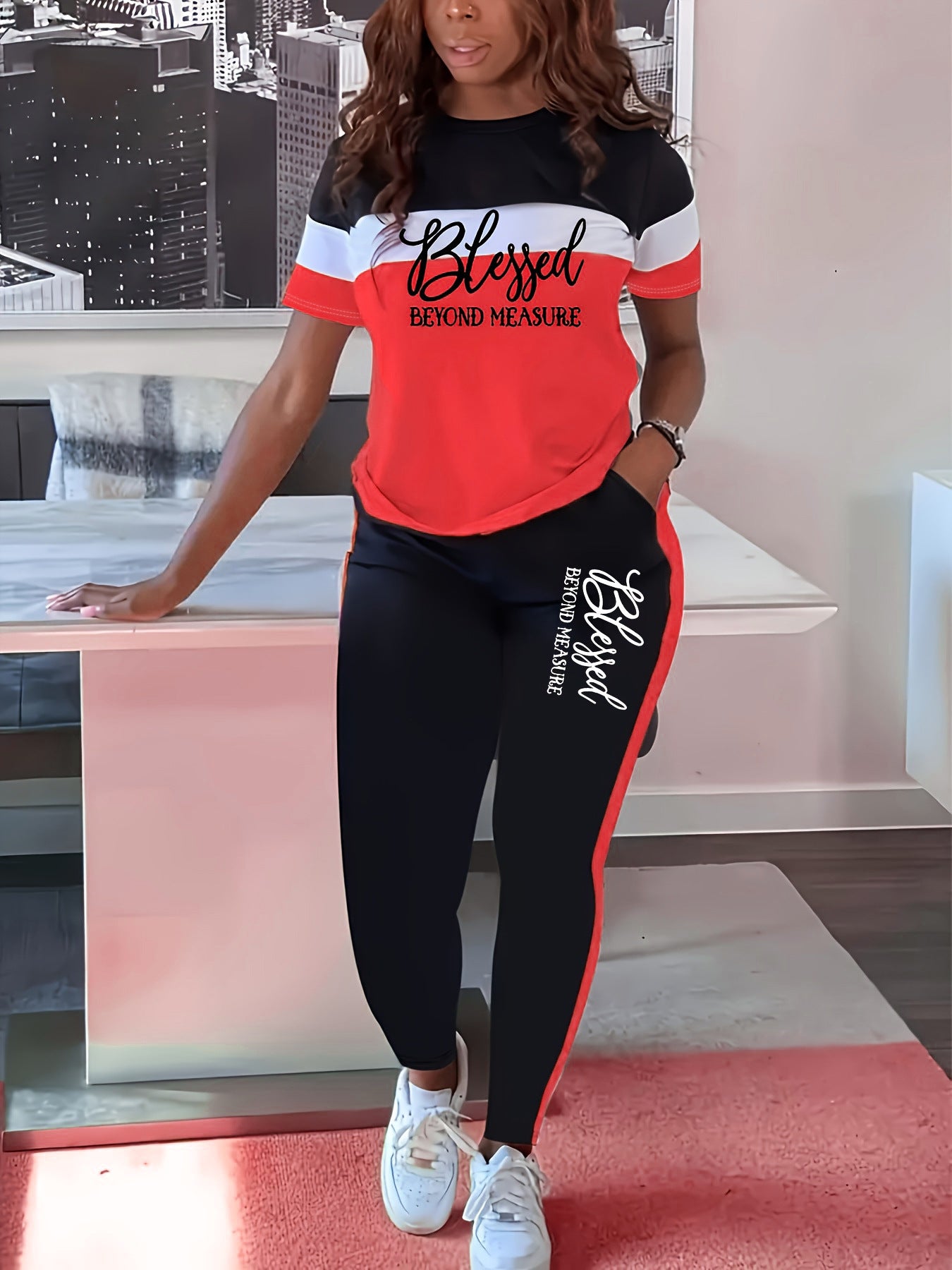 Contrast Color Striped Short Sleeve With Wide Leg Pants Suit