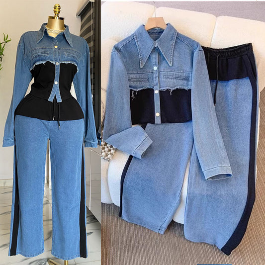 Two Pieces Stitching Suit Casual Suit Denim