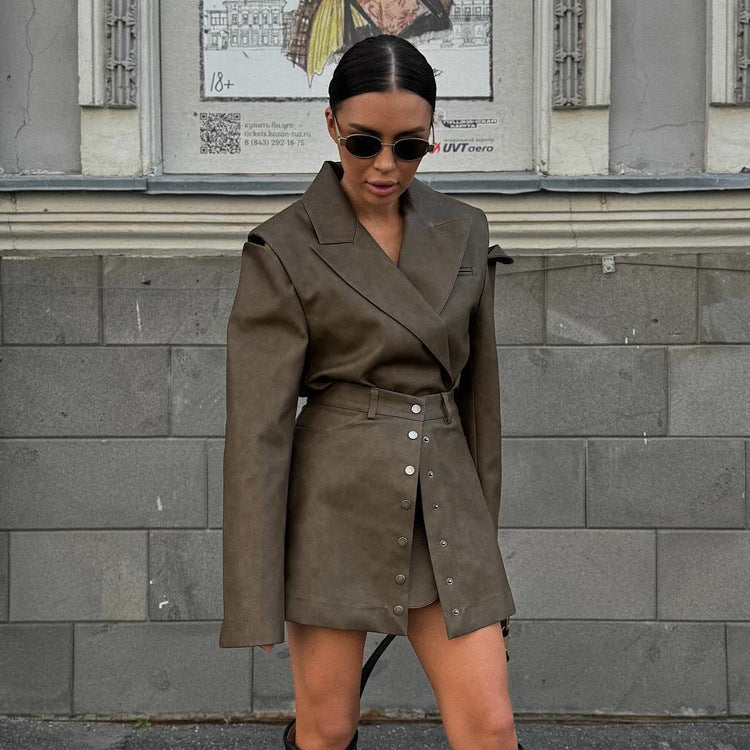 Vintage PU Leather Hollow Out Long Sleeve Top Skirt Suit