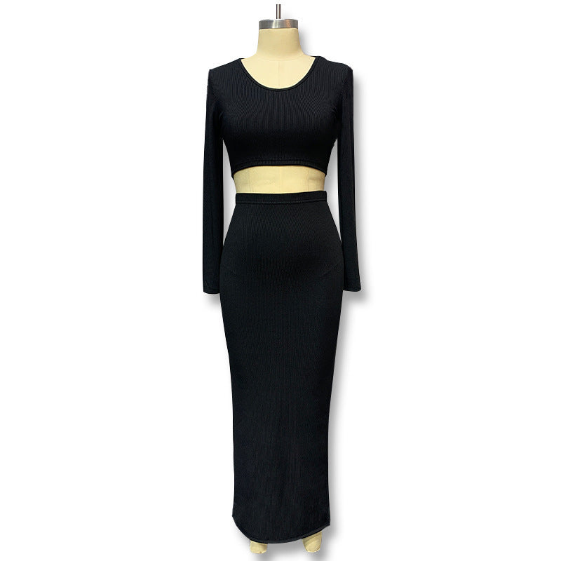 Solid Color Knitted Long-sleeve Suit Half-length Slit Sheath Skirt Two Pieces
