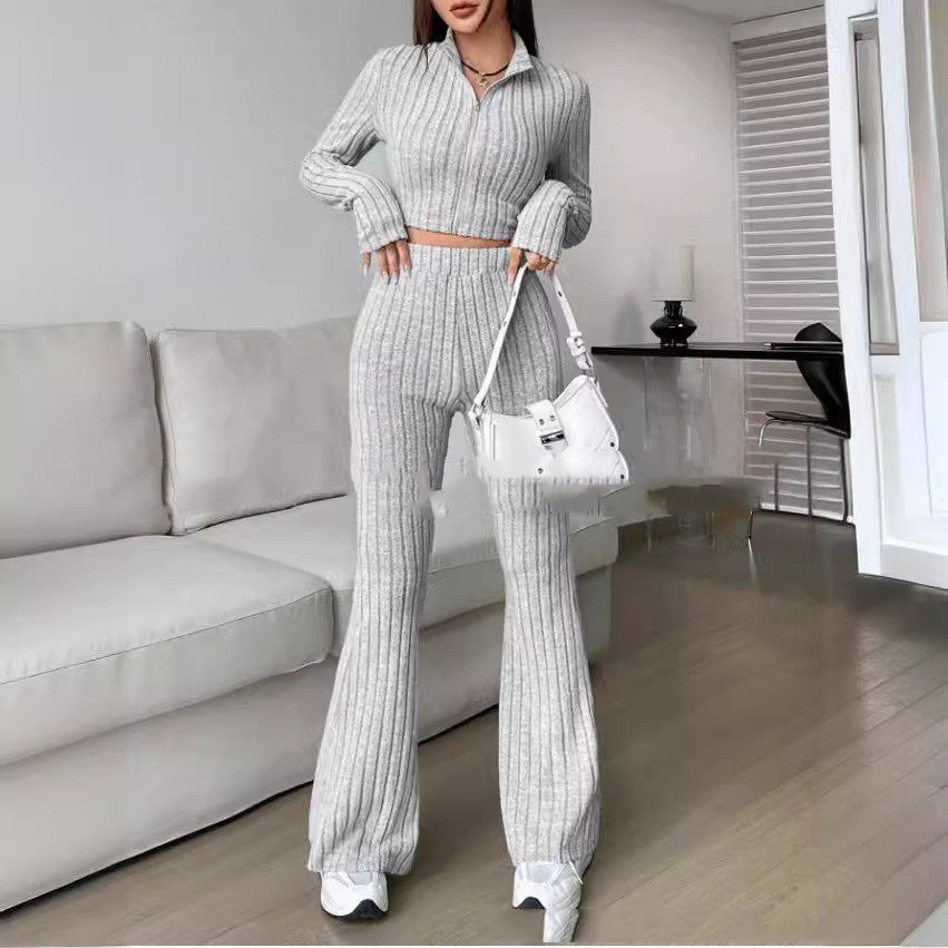 Solid Color Knitted Long Sleeve Turtlenecks Wide Leg High Waist Trousers Suit