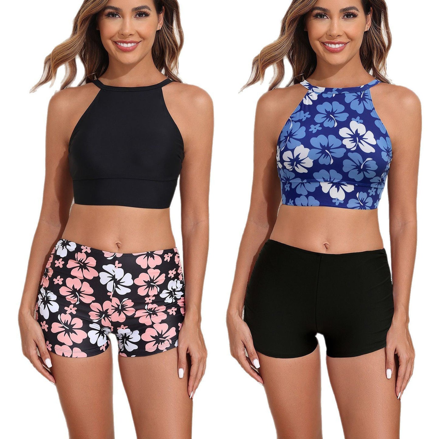 Vest High Waist Drawstring Conservative Split Boxers Bikini Swimsuit