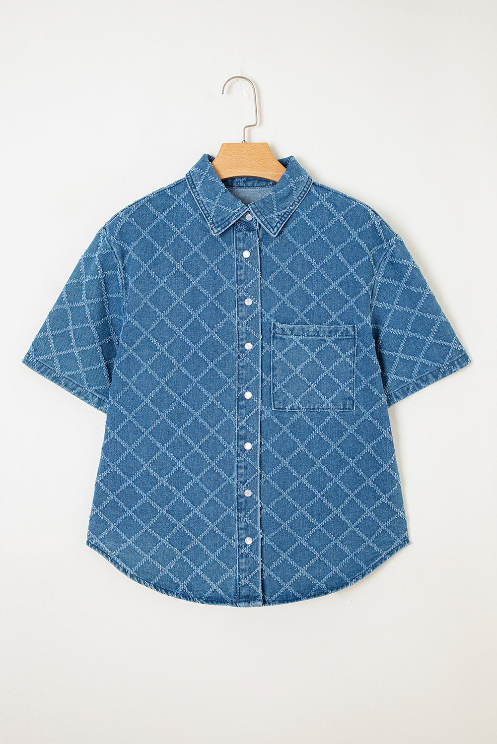 Dusk Blue Checkered Textured Short Sleeve Pocket Denim Shirt