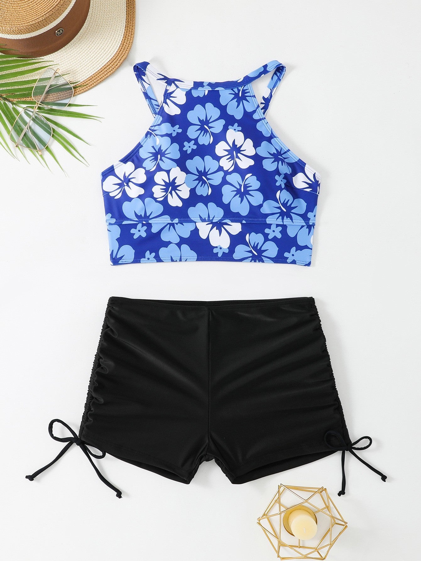 Vest High Waist Drawstring Conservative Split Boxers Bikini Swimsuit