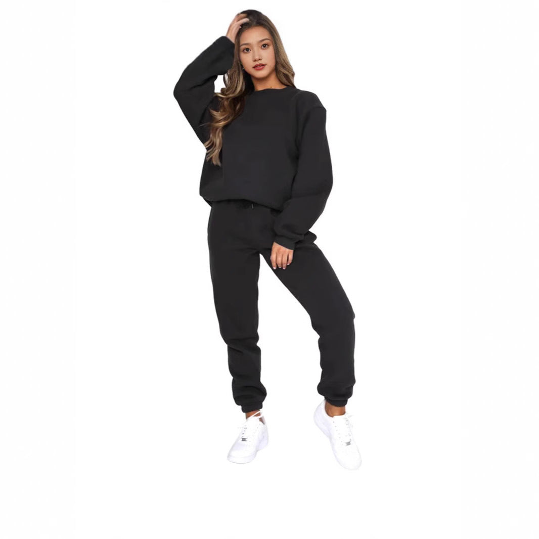 Crew Neck Pullover Sweatshirt Fleece-lined Fashion Casual Sweater Sweatpants Two-piece Set