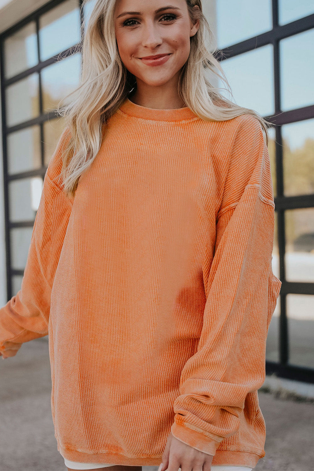 Orange Plain Drop Sleeve Crinkle Rib Oversized Sweatshirt
