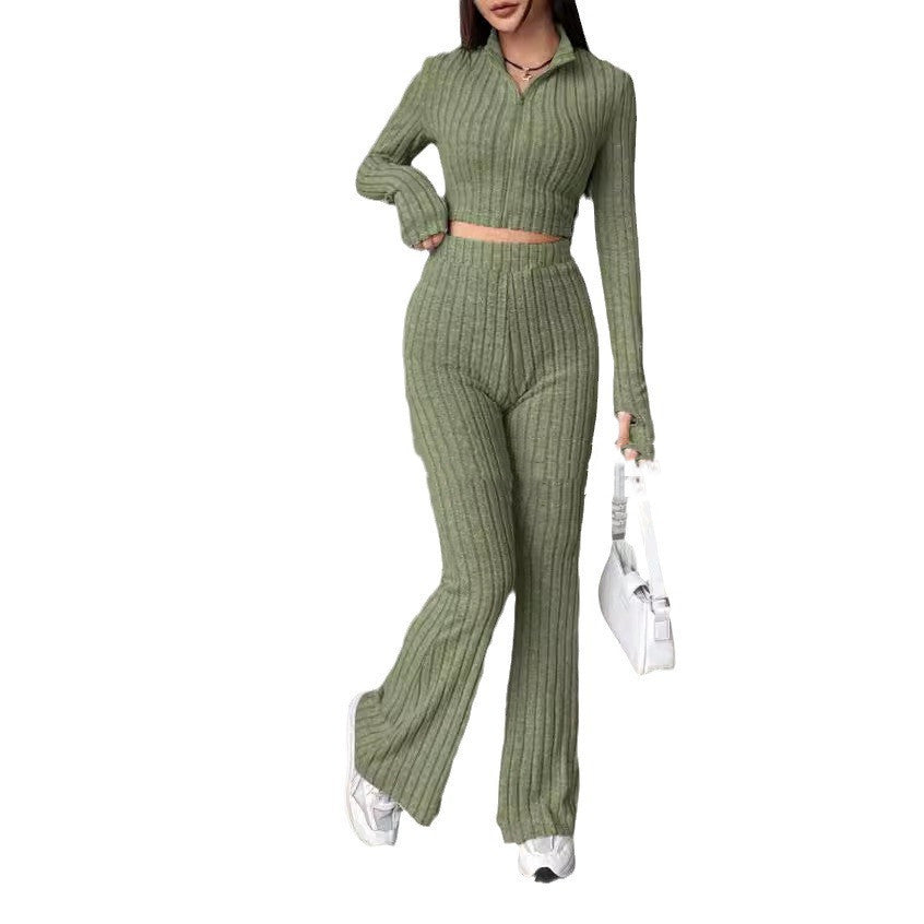 Solid Color Knitted Long Sleeve Turtlenecks Wide Leg High Waist Trousers Suit