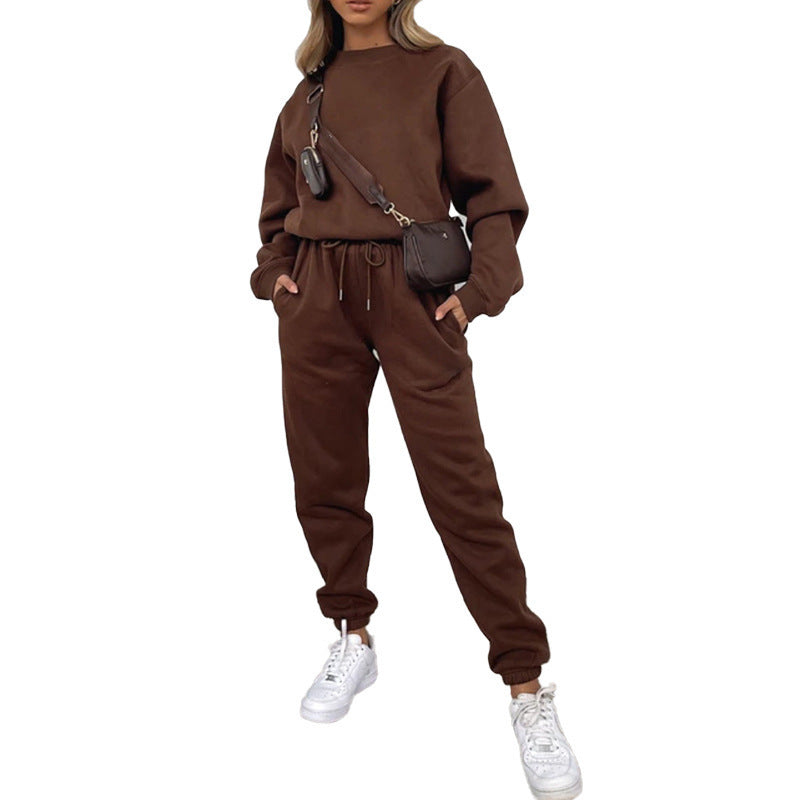 Crew Neck Pullover Sweatshirt Fleece-lined Fashion Casual Sweater Sweatpants Two-piece Set