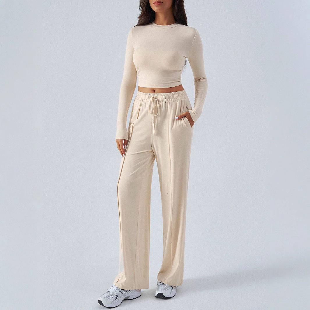 Tether Solid Color Waist Tight Fashion Wide Leg Casual Trousers Suit