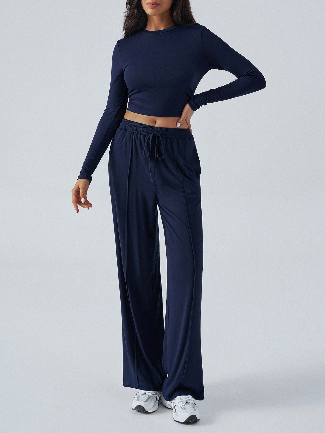 Tether Solid Color Waist Tight Fashion Wide Leg Casual Trousers Suit