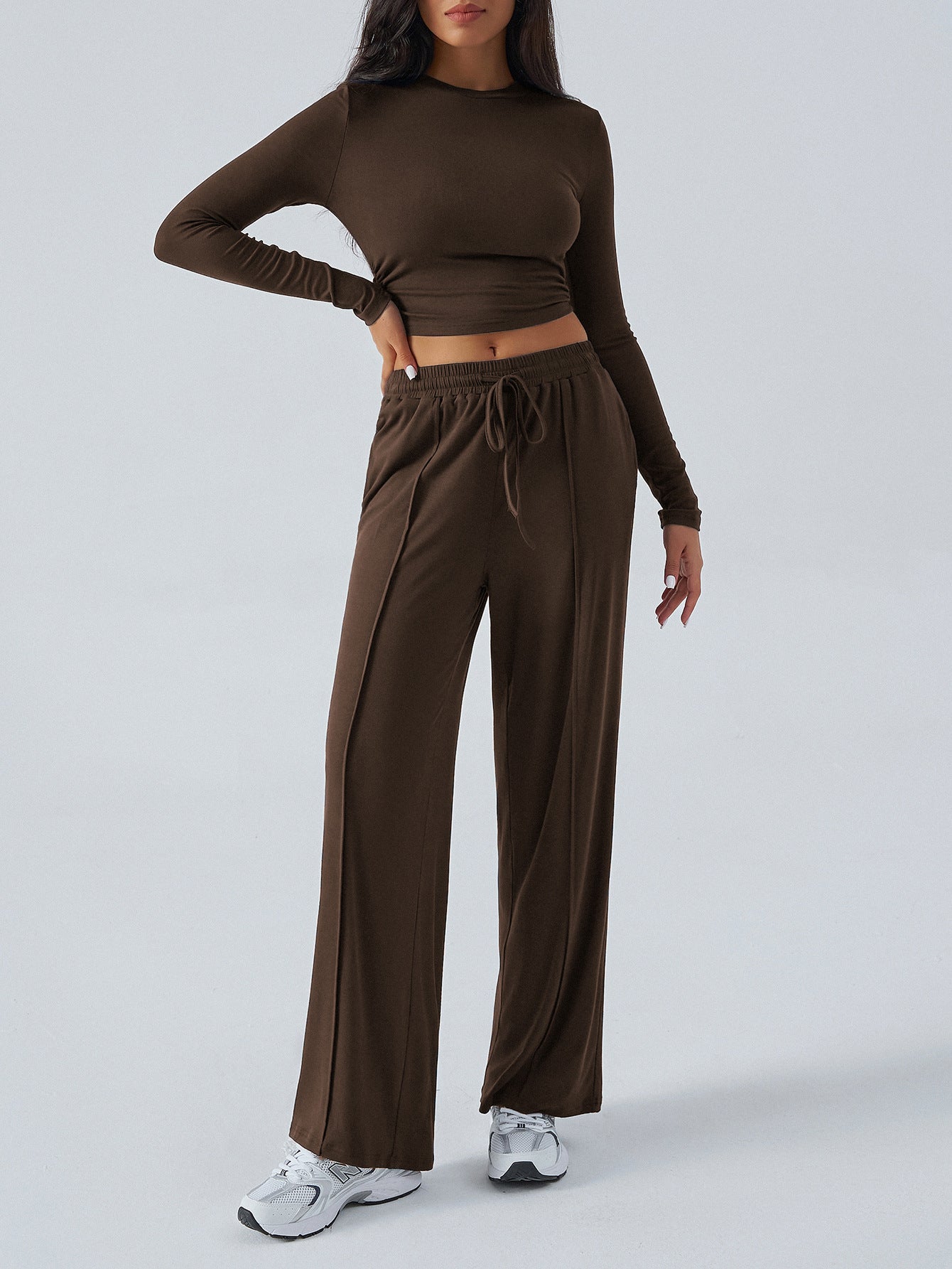 Tether Solid Color Waist Tight Fashion Wide Leg Casual Trousers Suit