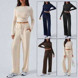 Tether Solid Color Waist Tight Fashion Wide Leg Casual Trousers Suit