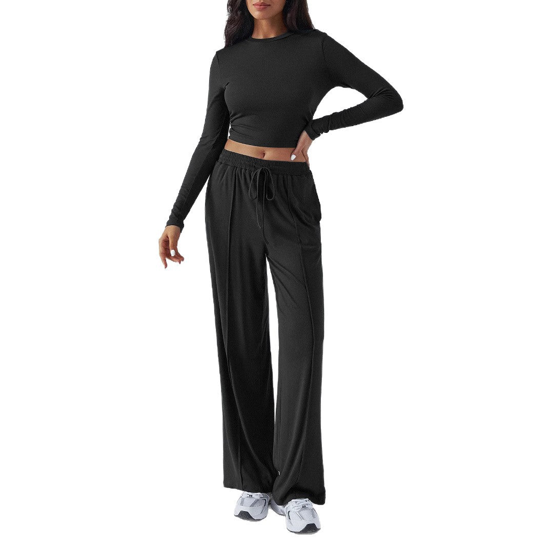 Tether Solid Color Waist Tight Fashion Wide Leg Casual Trousers Suit
