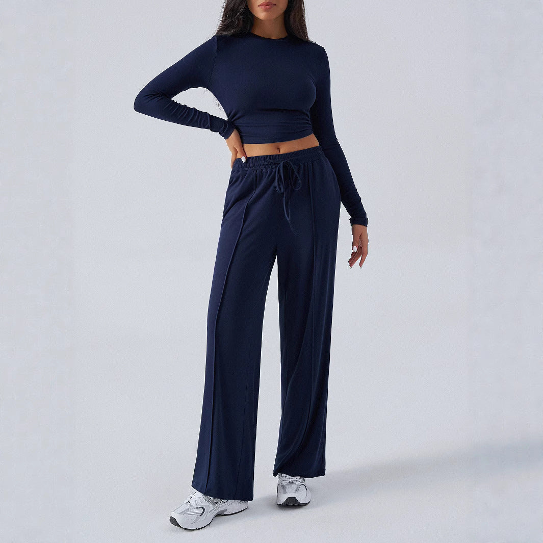 Tether Solid Color Waist Tight Fashion Wide Leg Casual Trousers Suit
