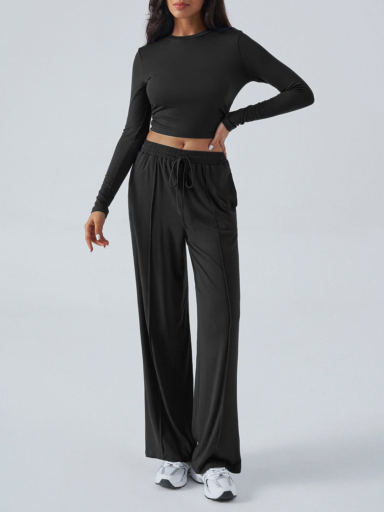 Tether Solid Color Waist Tight Fashion Wide Leg Casual Trousers Suit
