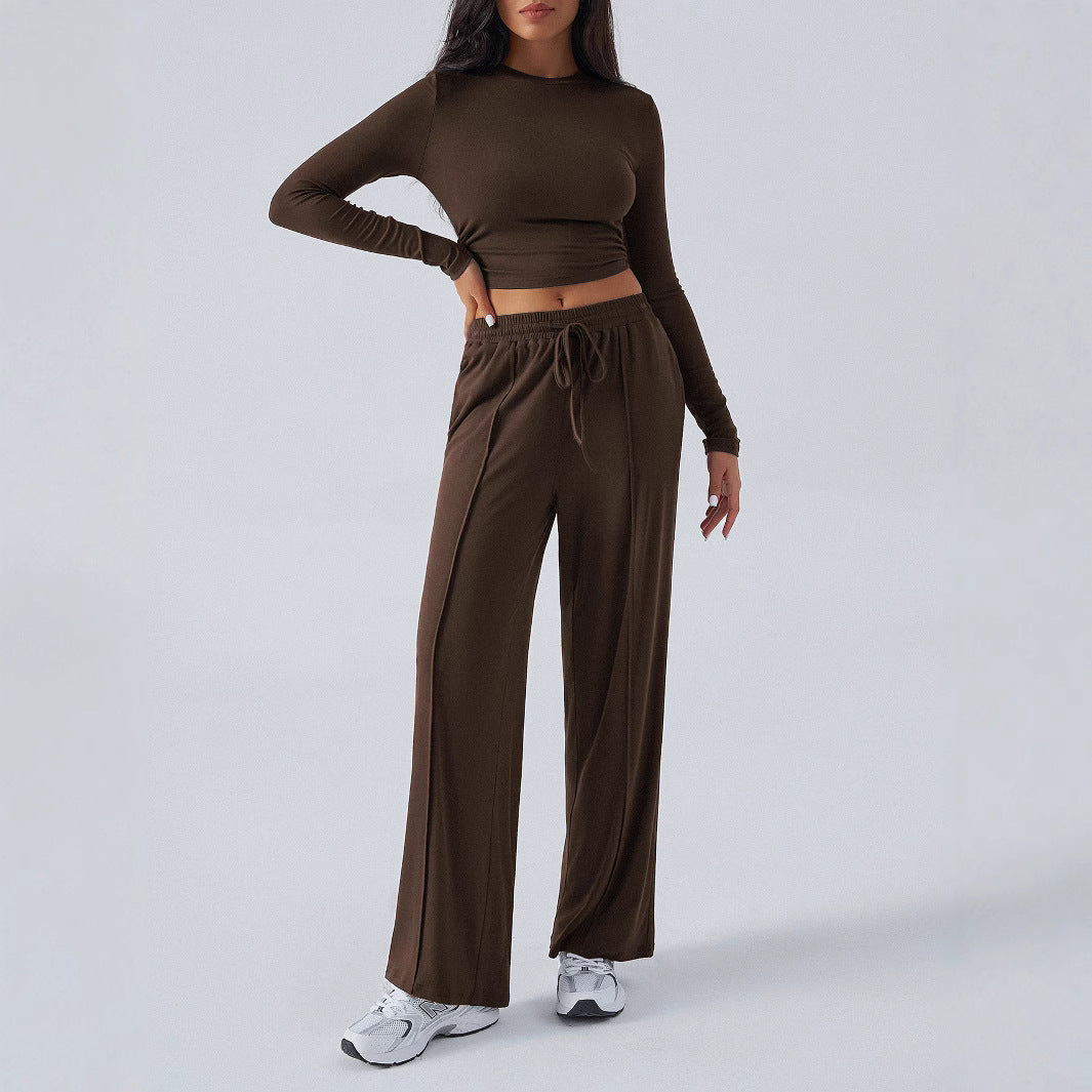 Tether Solid Color Waist Tight Fashion Wide Leg Casual Trousers Suit