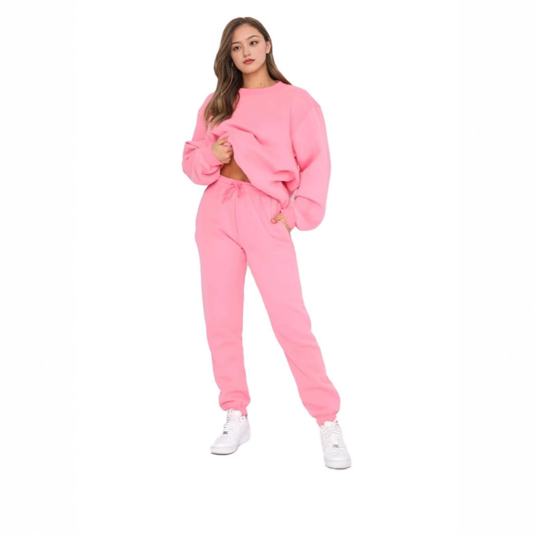 Crew Neck Pullover Sweatshirt Fleece-lined Fashion Casual Sweater Sweatpants Two-piece Set
