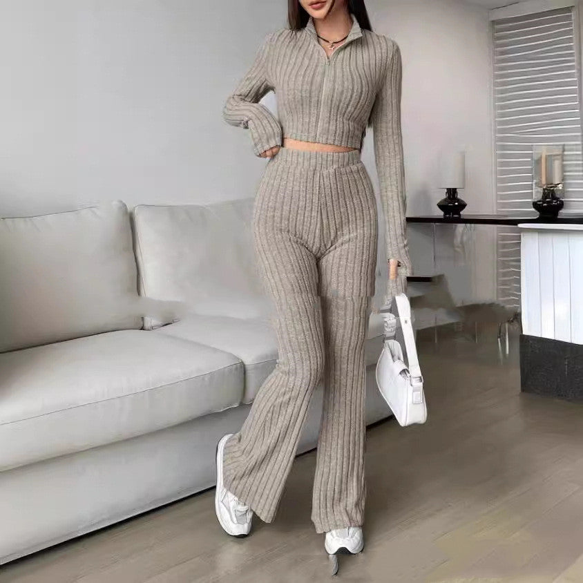 Solid Color Knitted Long Sleeve Turtlenecks Wide Leg High Waist Trousers Suit