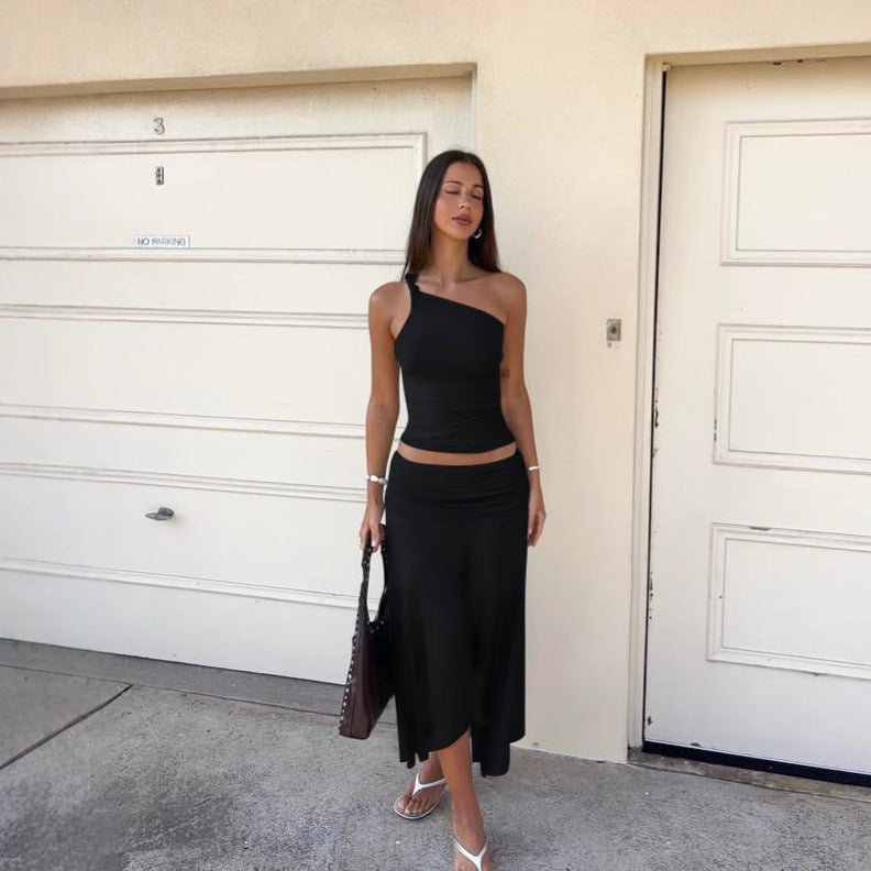 Ins Style Women's Solid Color Sleeveless Vest High Waist Skirt Two-piece Set