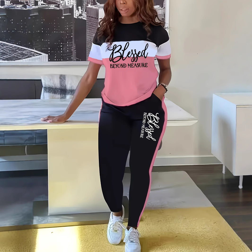 Contrast Color Striped Short Sleeve With Wide Leg Pants Suit