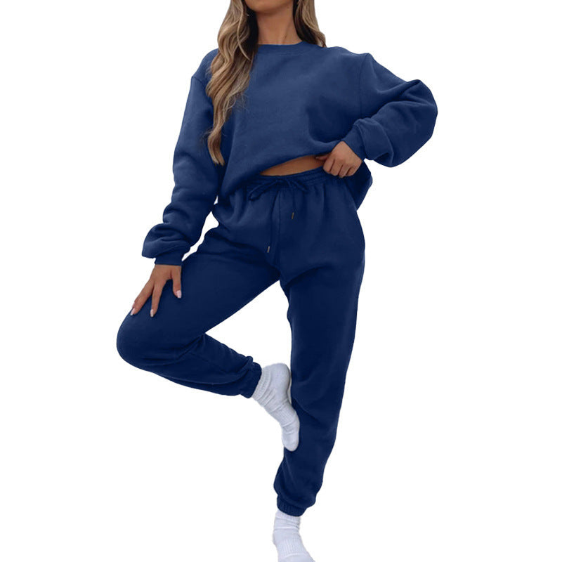Crew Neck Pullover Sweatshirt Fleece-lined Fashion Casual Sweater Sweatpants Two-piece Set