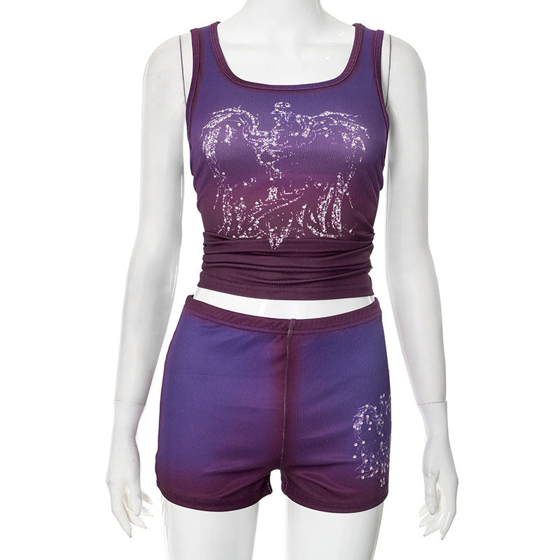 Sexy Hot Girl Mesh Butterfly Print Pleating Sling Vest Shorts Set