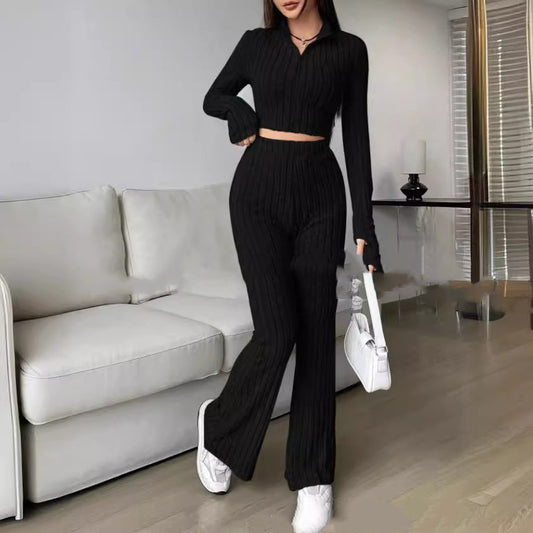 Solid Color Knitted Long Sleeve Turtlenecks Wide Leg High Waist Trousers Suit