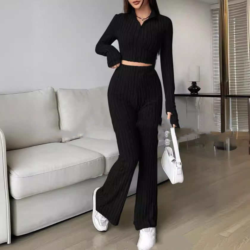 Solid Color Knitted Long Sleeve Turtlenecks Wide Leg High Waist Trousers Suit