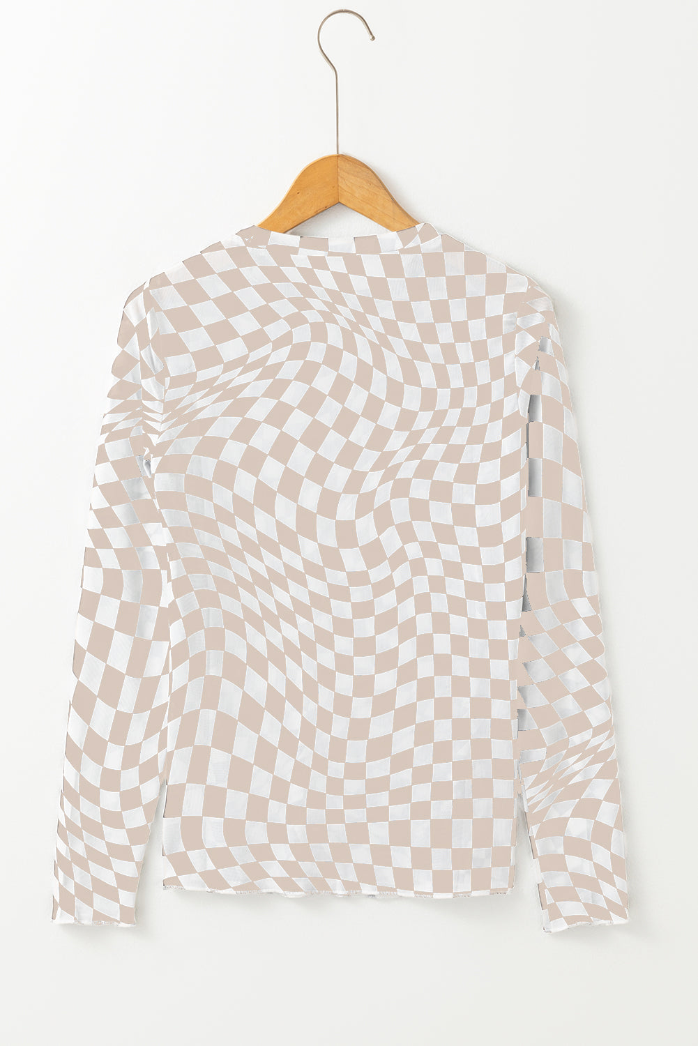 Khaki Checkered Pattern Mesh Long Sleeve Top