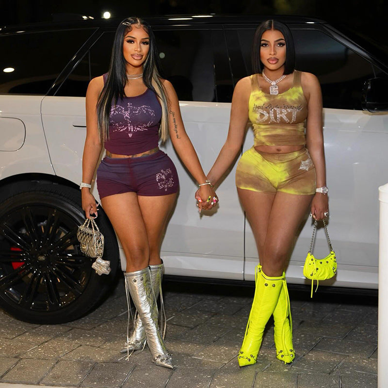 Sexy Hot Girl Mesh Butterfly Print Pleating Sling Vest Shorts Set