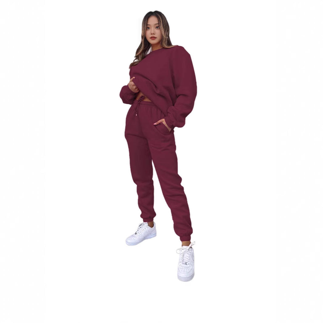 Crew Neck Pullover Sweatshirt Fleece-lined Fashion Casual Sweater Sweatpants Two-piece Set