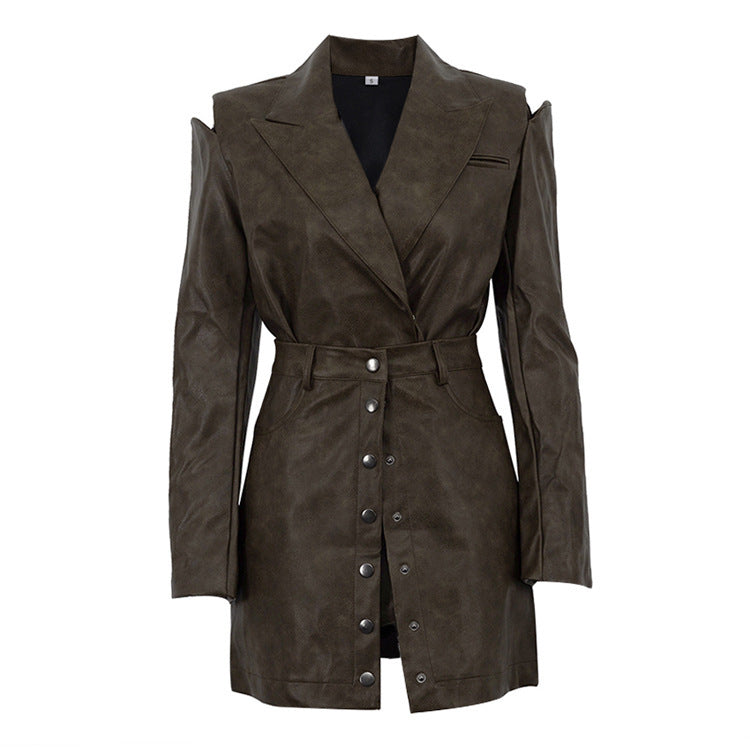 Vintage PU Leather Hollow Out Long Sleeve Top Skirt Suit