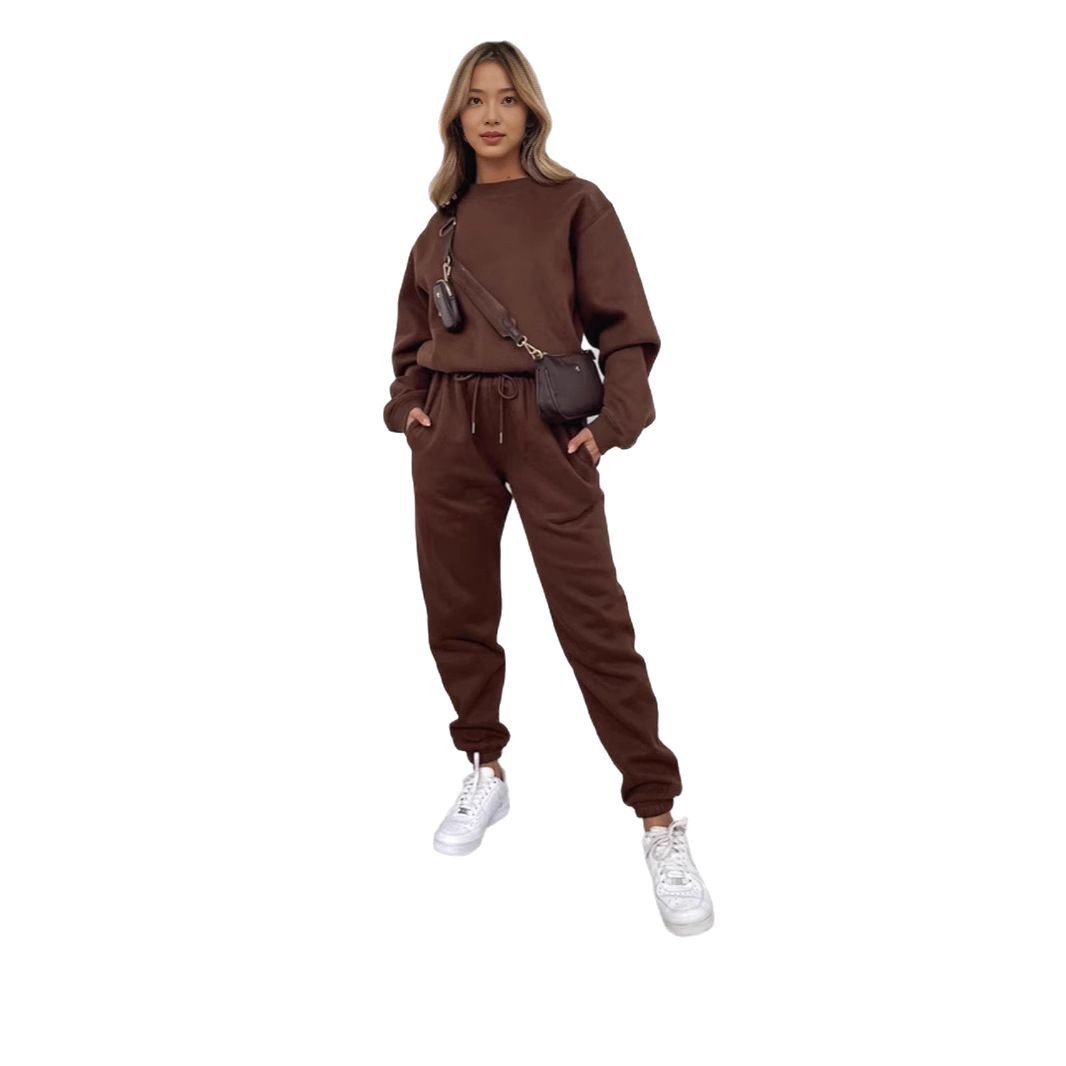 Crew Neck Pullover Sweatshirt Fleece-lined Fashion Casual Sweater Sweatpants Two-piece Set