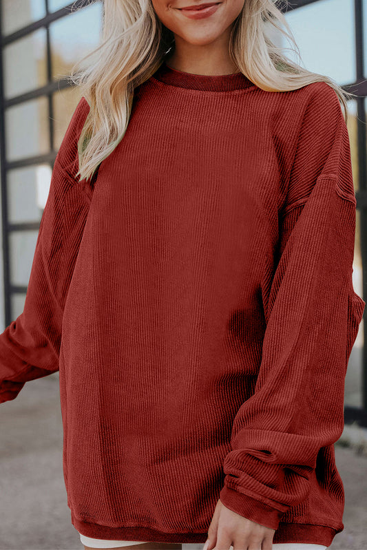 Red Plain Drop Sleeve Rib Knit Oversized Sweatshirt