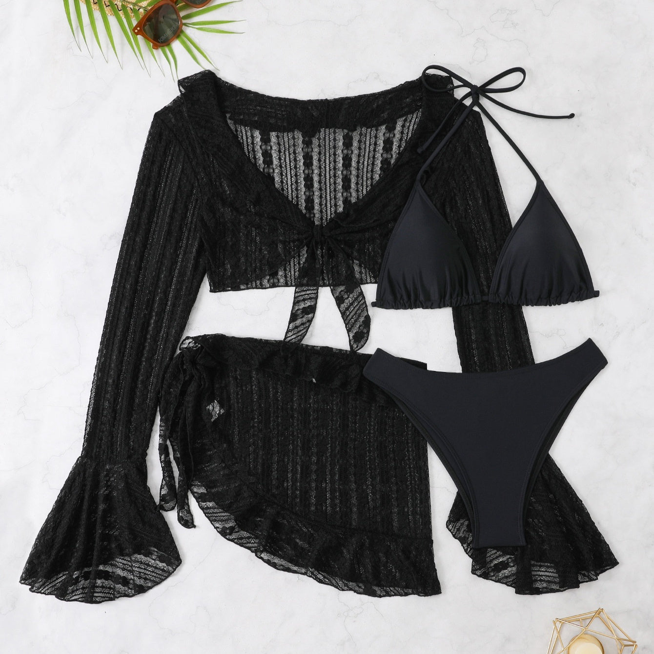 Lace Long Sleeve Cardigan Lace Ruffled Bikini Four-piece Suit Swimsuit