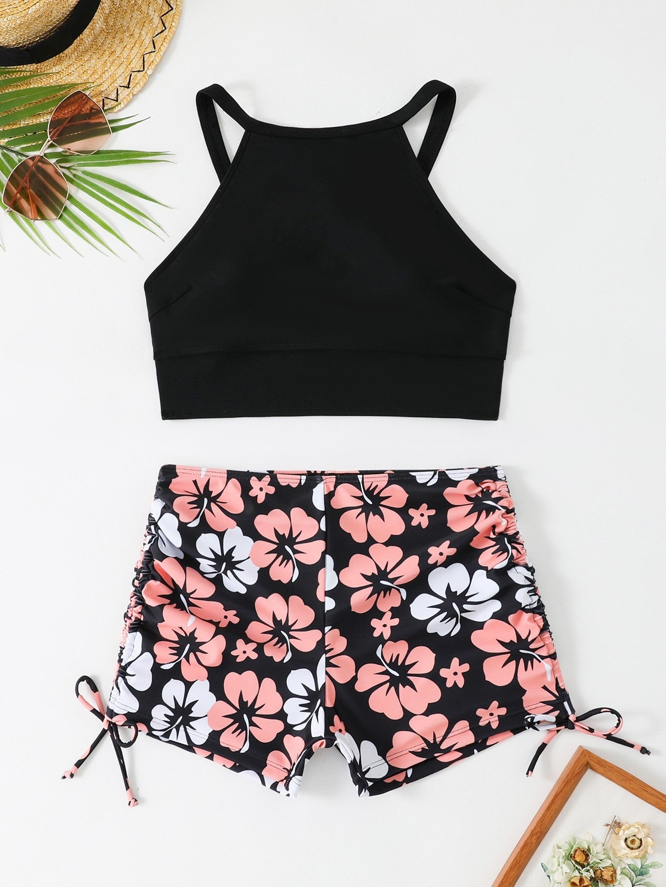 Vest High Waist Drawstring Conservative Split Boxers Bikini Swimsuit